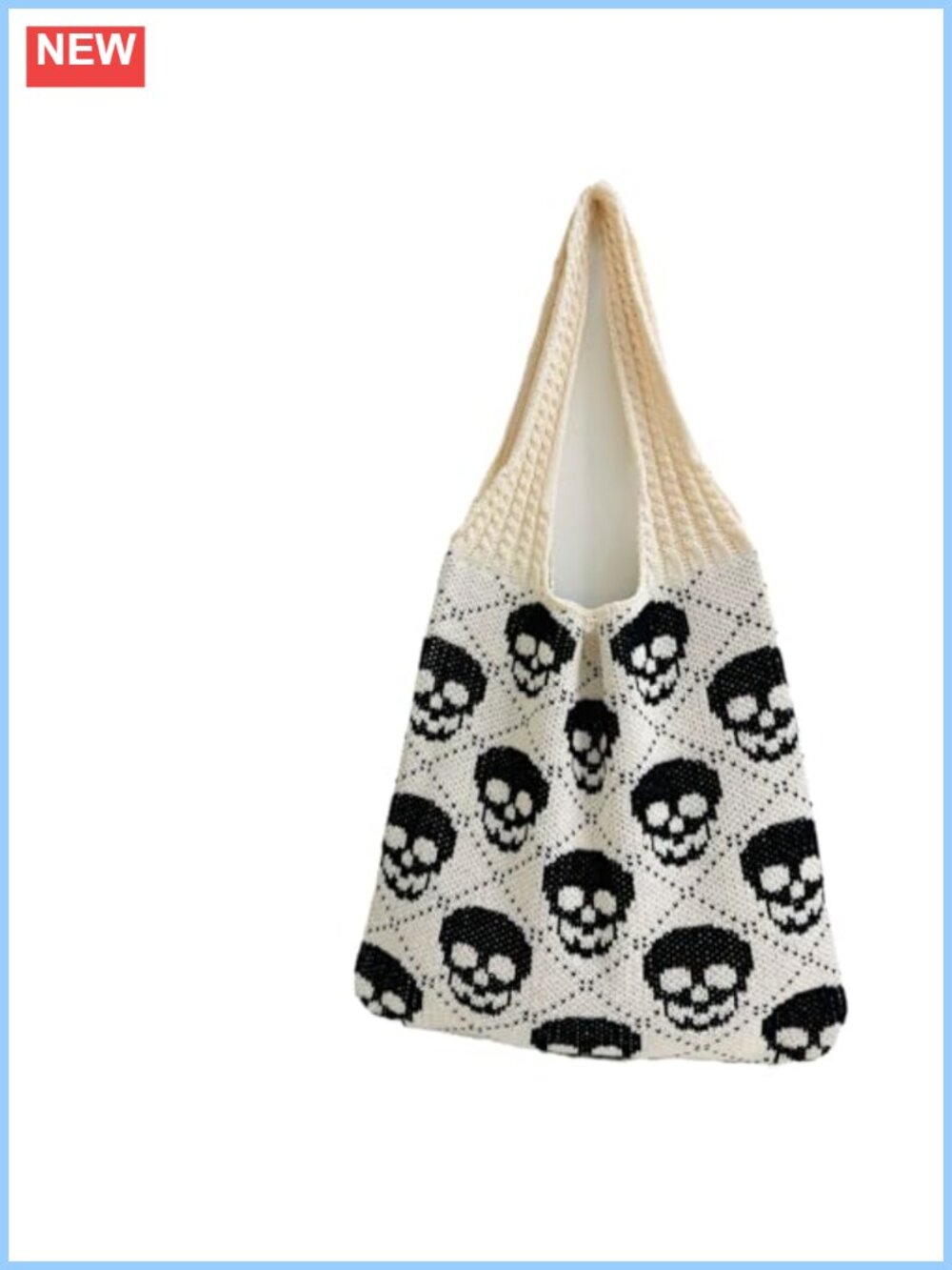 Knit Skull Pattern Tote Bag Crochet Hobo Shoulder Handbag Goth Y2k Spooky